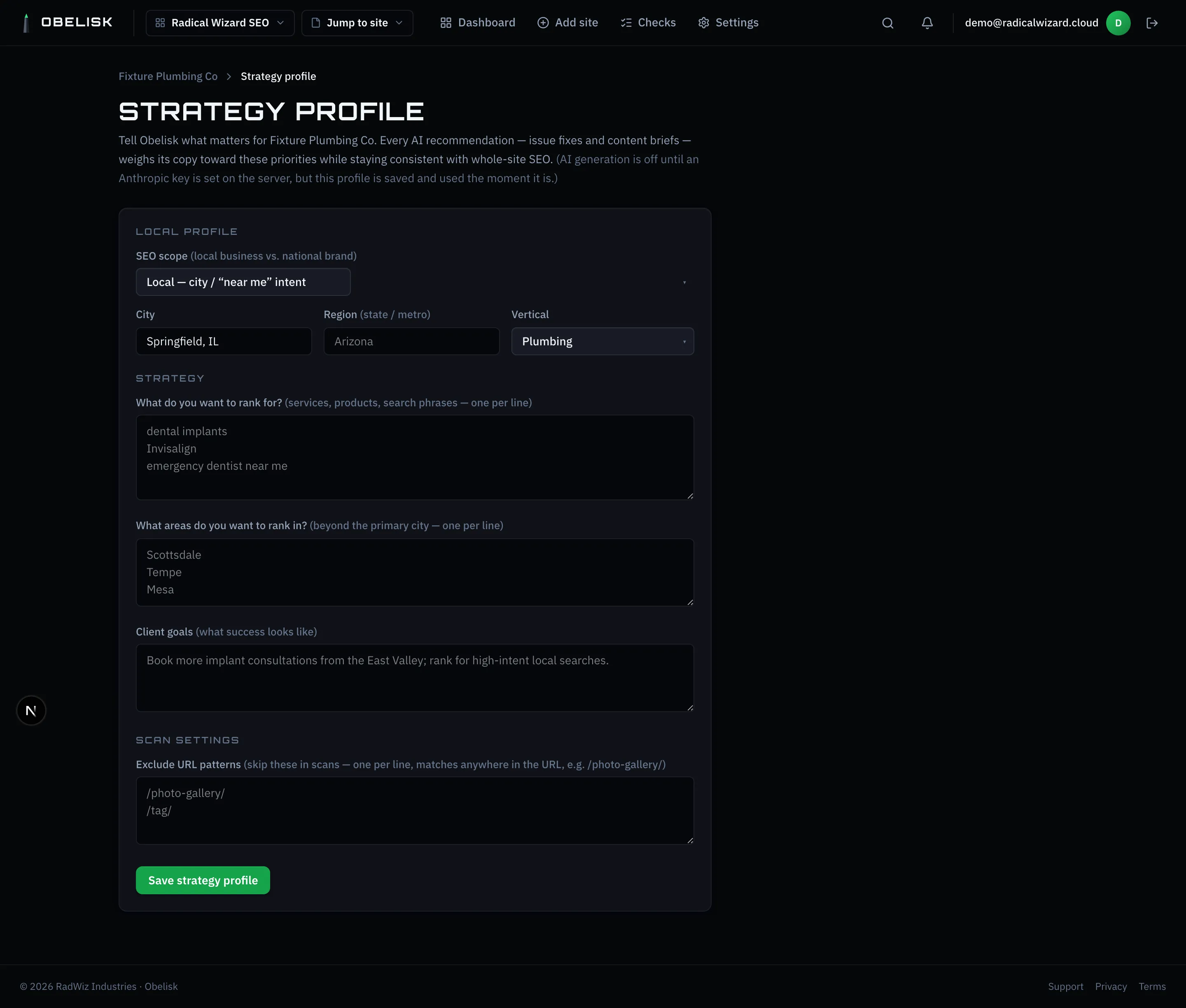 Obelisk per-site strategy profile form capturing local SEO scope, target keywords, service areas, client goals, and scan settings.